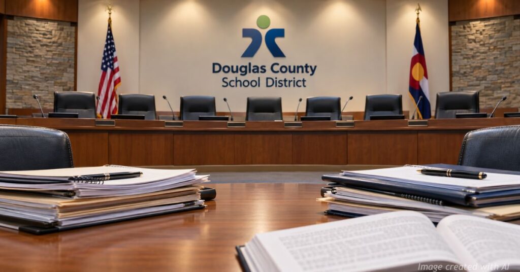 Empty school board dais and negotiation documents symbolize Douglas County's collective bargaining debate.