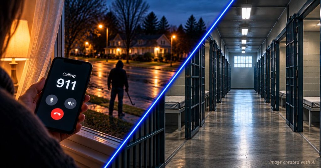 911 emergency call beside a suspected intruder, divided from an empty jail corridor by a thin blue line