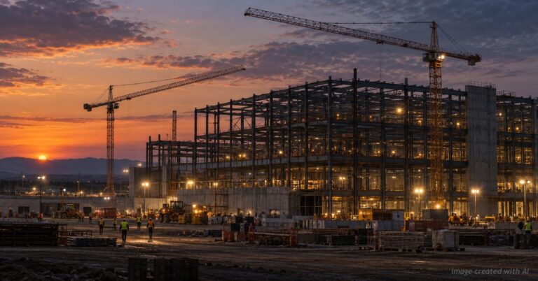 Factory and data-center construction site lit at dusk, illustrating a manufacturing and building boom.