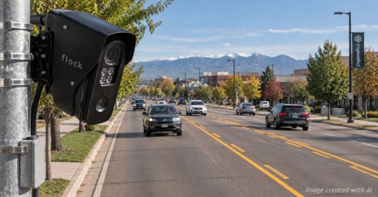 Flock license plate reader overlooking traffic on a roadway in Englewood, Colorado.