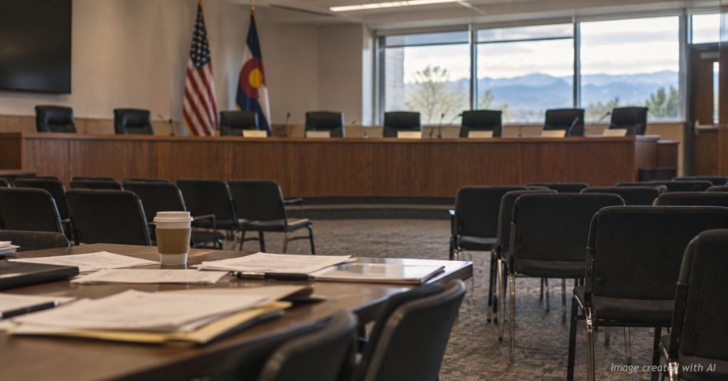 ERBOCES dissolution: an empty Colorado school district boardroom with dais and flags after the board's vote.