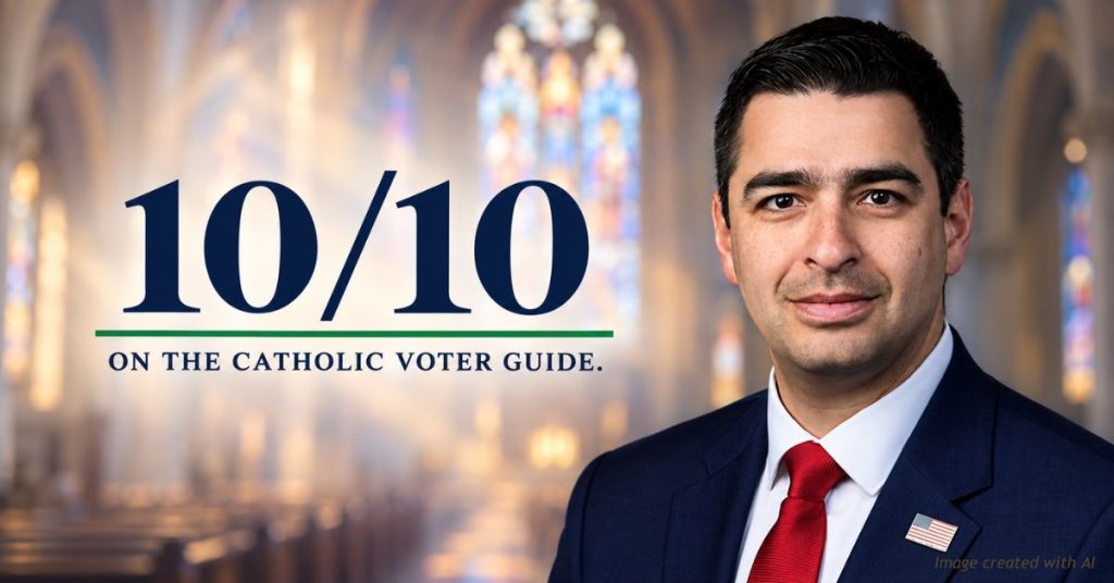 Congressman Gabe Evans beside "10/10 on the Catholic voter guide" over a faded stained-glass church interior