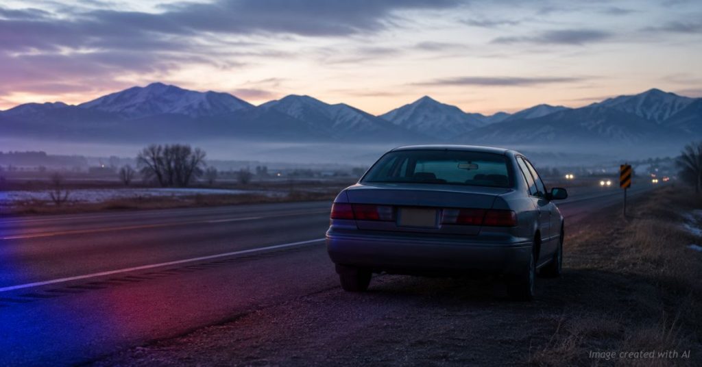 Older sedan pulled onto a Colorado highway shoulder at dawn with faint red and blue patrol light glow spilling from off-frame.