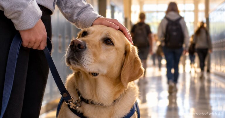 Facility dog offers a calming presence to a student in a Colorado high school hallway.