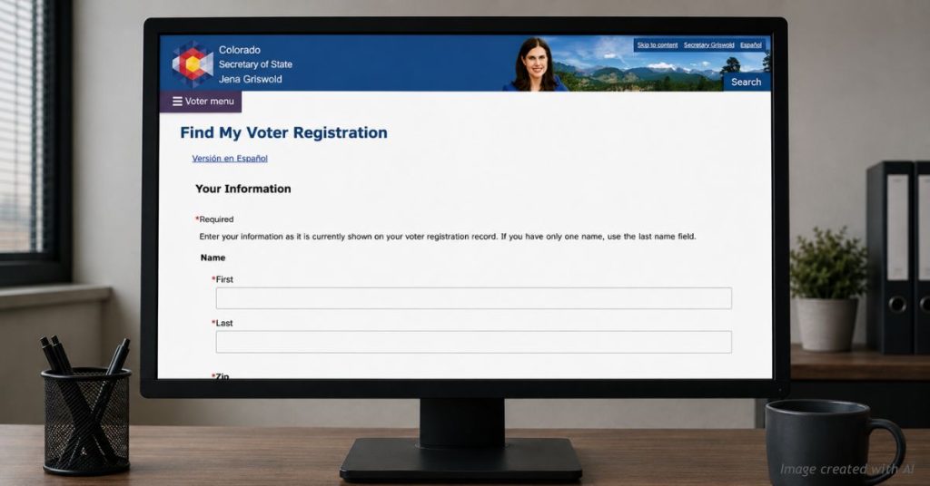 Colorado Secretary of State Find My Voter Registration page showing name and ZIP entry fields.