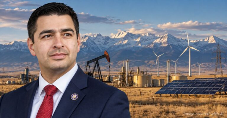 Gabe Evans pictured against a Colorado landscape featuring oil, natural gas, wind and solar energy