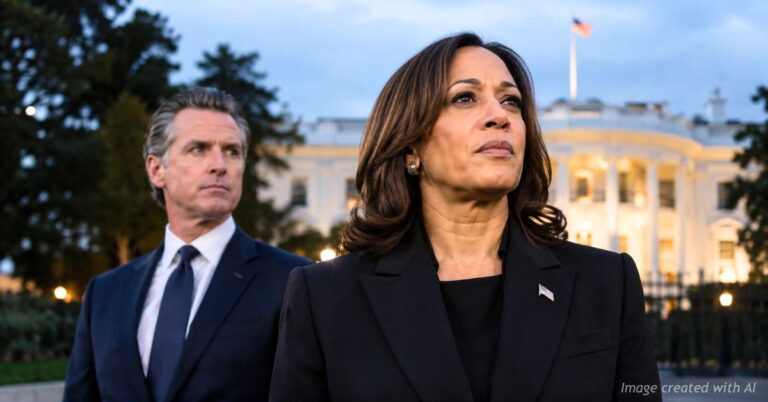 Kamala Harris stands ahead of Gavin Newsom with the White House visible in the distance.