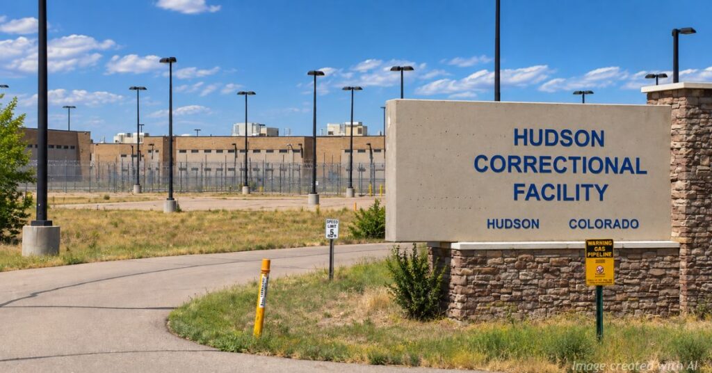 Hudson Correctional Facility entrance in Hudson, Colorado, site of a planned ICE detention center.