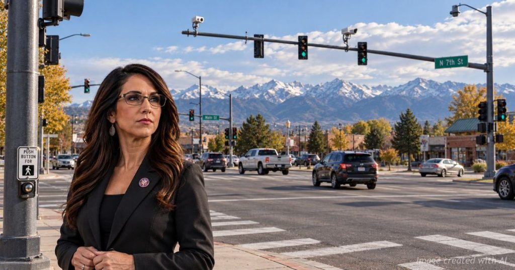 Lauren Boebert stands before a Colorado highway lined with license plate reader cameras.