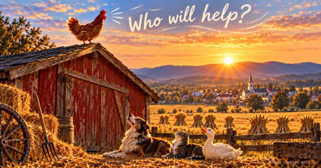 Red hen calls "Who will help?" from a barn roof at sunrise as a dog, cat and duck look up from below