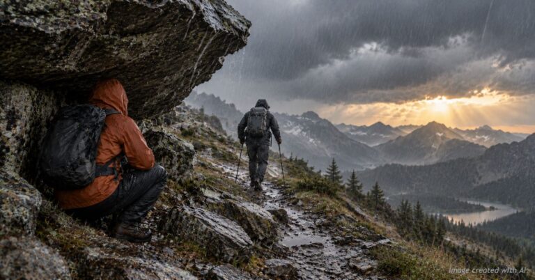 Two hikers on a stormy mountain trail, one pushing into the wind and one sheltering, two ways to face adversity