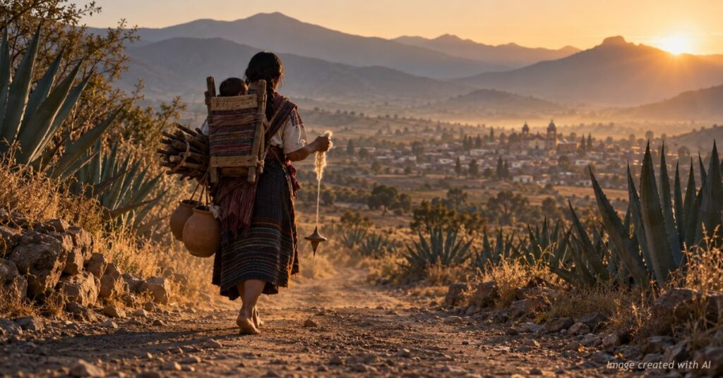 Barefoot mother with a baby on her back spins maguey fiber on a dawn road through Mexico's highlands