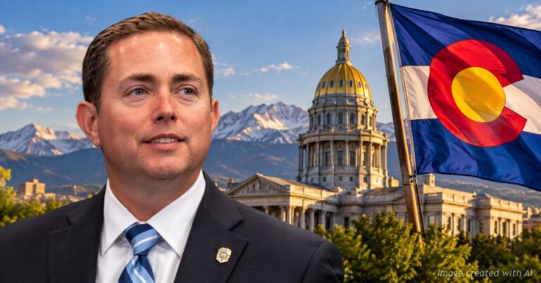 Michael Allen with the Colorado State Capitol, Rocky Mountains and Colorado flag in the background.