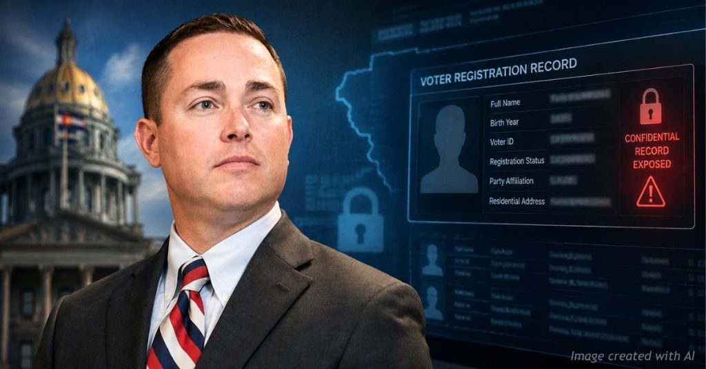 Michael Allen pictured with a symbolic confidential Colorado voter record and state government imagery.
