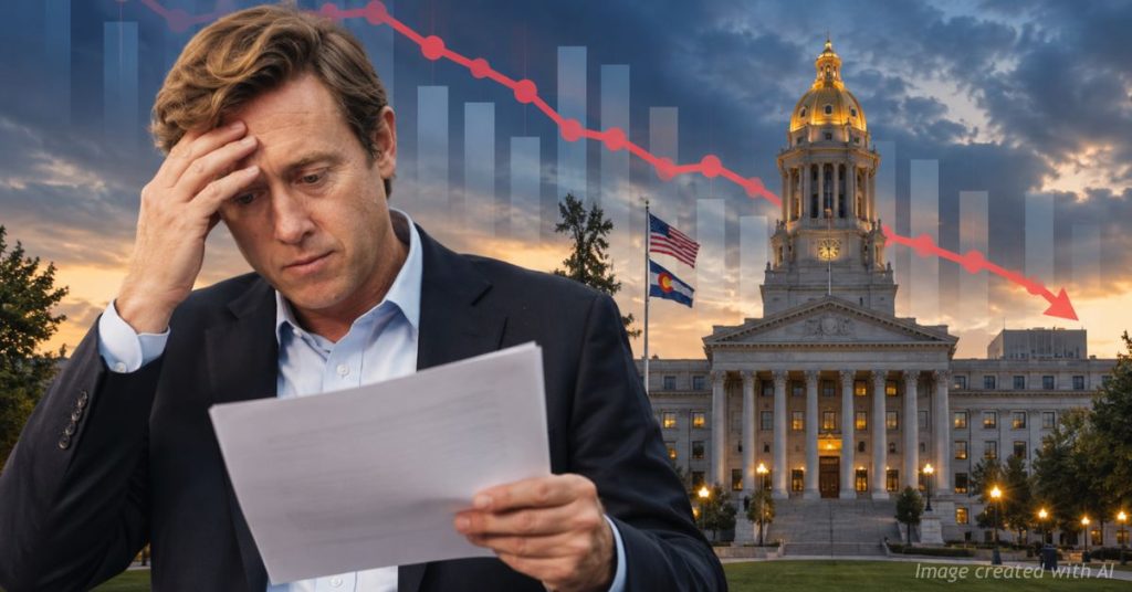 Denver Mayor Mike Johnston reviews a document as a downward polling graphic appears over Denver City Hall.
