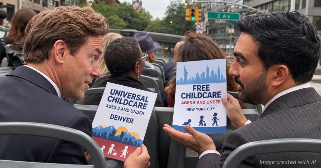 Mike Johnston and Zohran Mamdani discuss universal childcare proposals during an open-air bus ride in New York City.