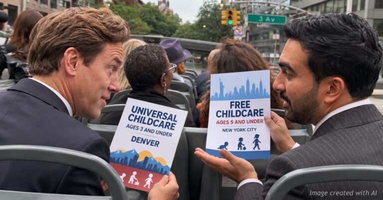 Mike Johnston and Zohran Mamdani discuss universal childcare proposals during an open-air bus ride in New York City.