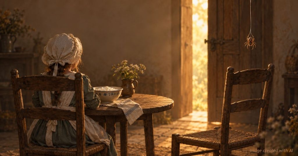 Girl seen from behind at a table with curds, a spider descending toward the empty chair beside her.