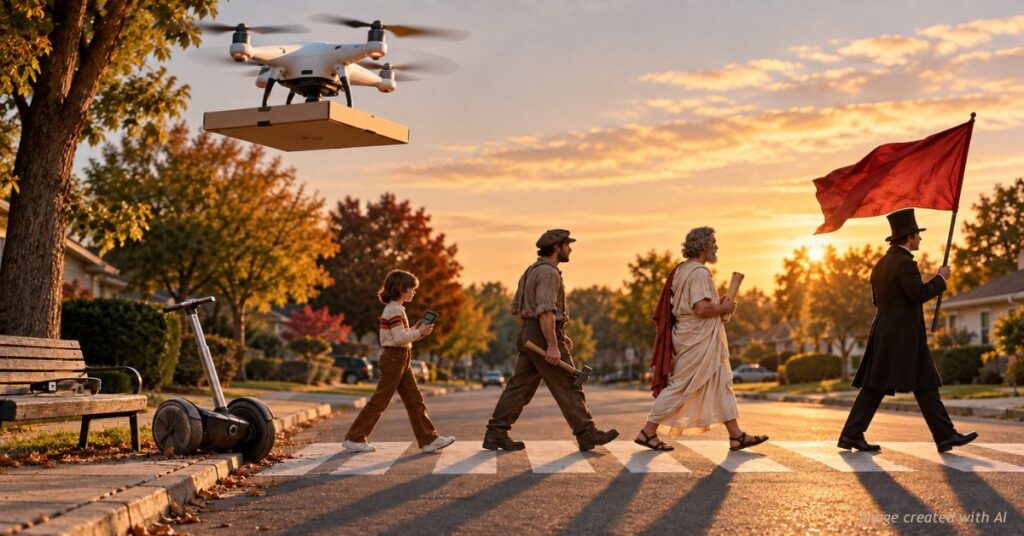 Historical figures cross a crosswalk behind a red flag as a drone carries a pizza box overhead.