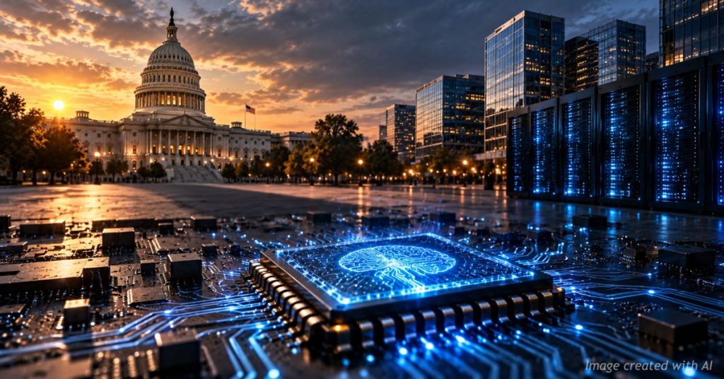 Glowing AI processor with the U.S. Capitol and Big Tech infrastructure looming in the background