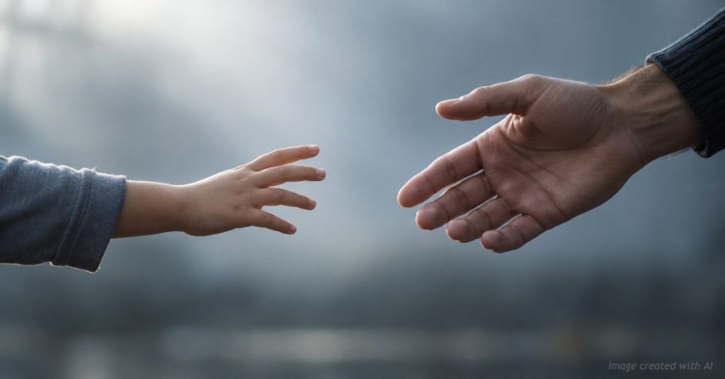 A child's hand and an adult's hand reaching across a gap without touching, symbolizing severed parental bonds.