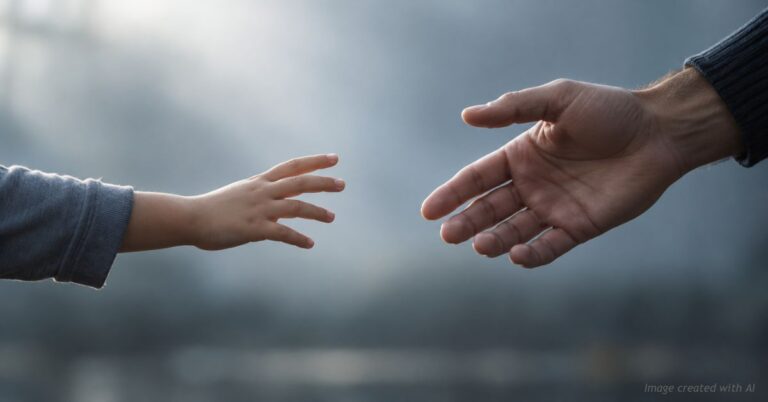 A child's hand and an adult's hand reaching across a gap without touching, symbolizing severed parental bonds.