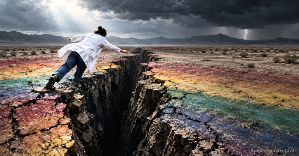 Doctor in a white coat falling into a giant crack splitting a weathered rainbow-painted desert floor.