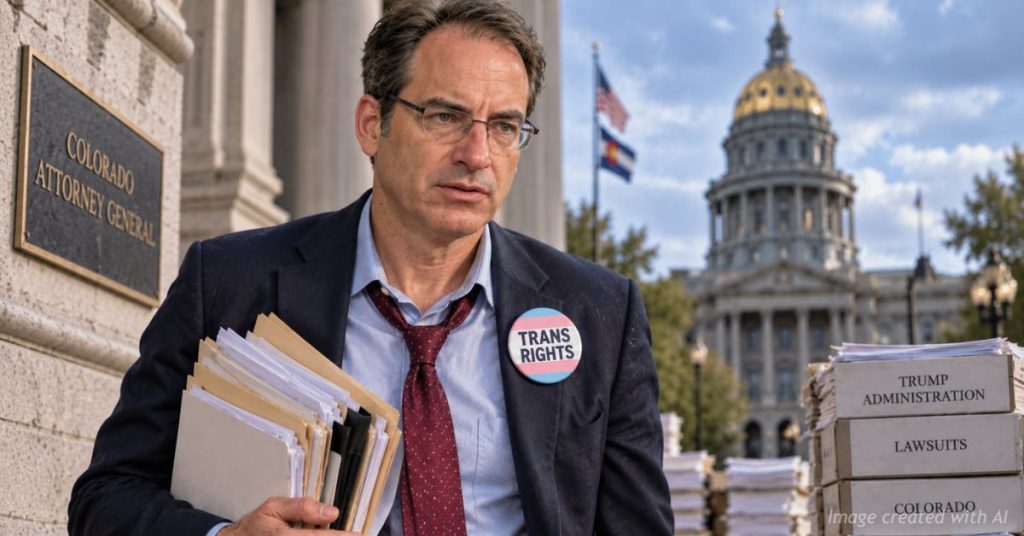 Phil Weiser carries legal files outside the Colorado Capitol in an illustration of the state's latest Trump lawsuit.