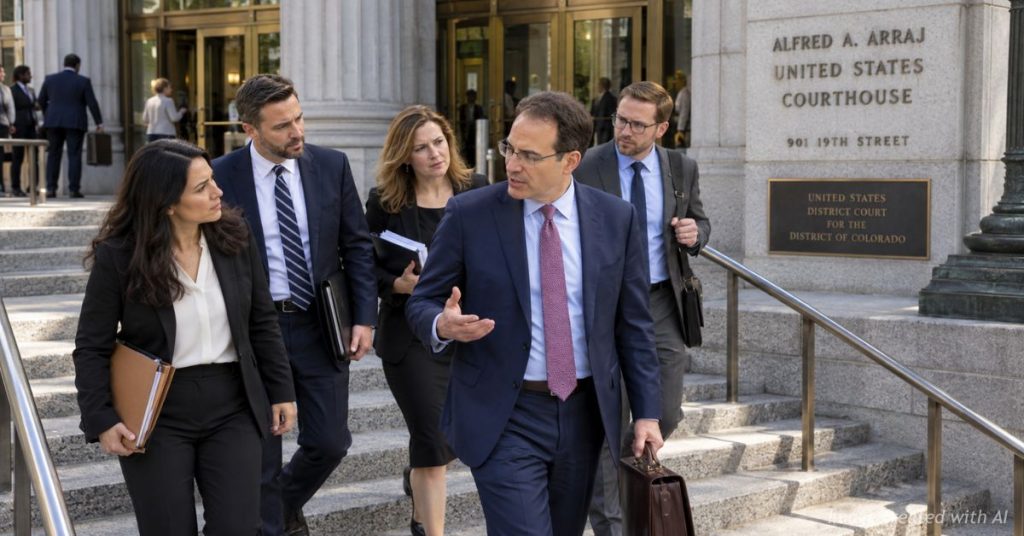 Phil Weiser depicted leaving a federal courthouse with a group of attorneys following a court filing.