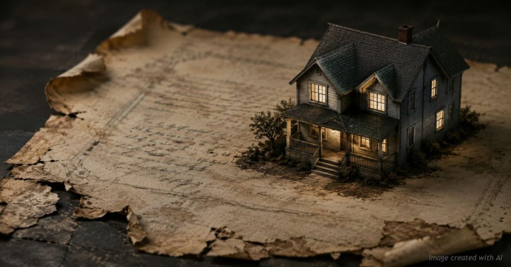 A house on a crumbling, torn property deed, illustrating private property made legally insecure.