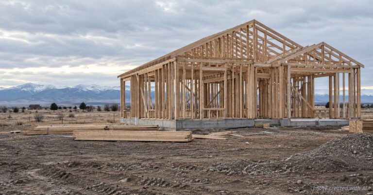 Unfinished wood-framed house on an empty lot under overcast sky, Colorado plains.