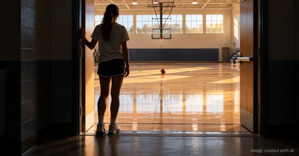 Girl stands hesitating at the doorway of an empty, brightly lit school gym, a basketball waiting at center court