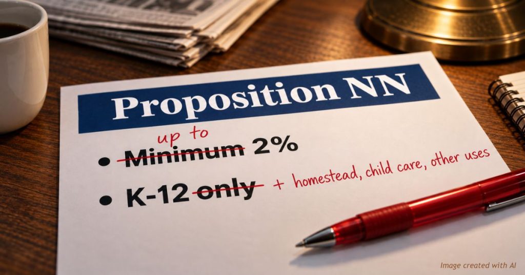 Proposition NN flyer with minimum struck and changed to up to 2%, and K-12 only amended to add homestead and child care