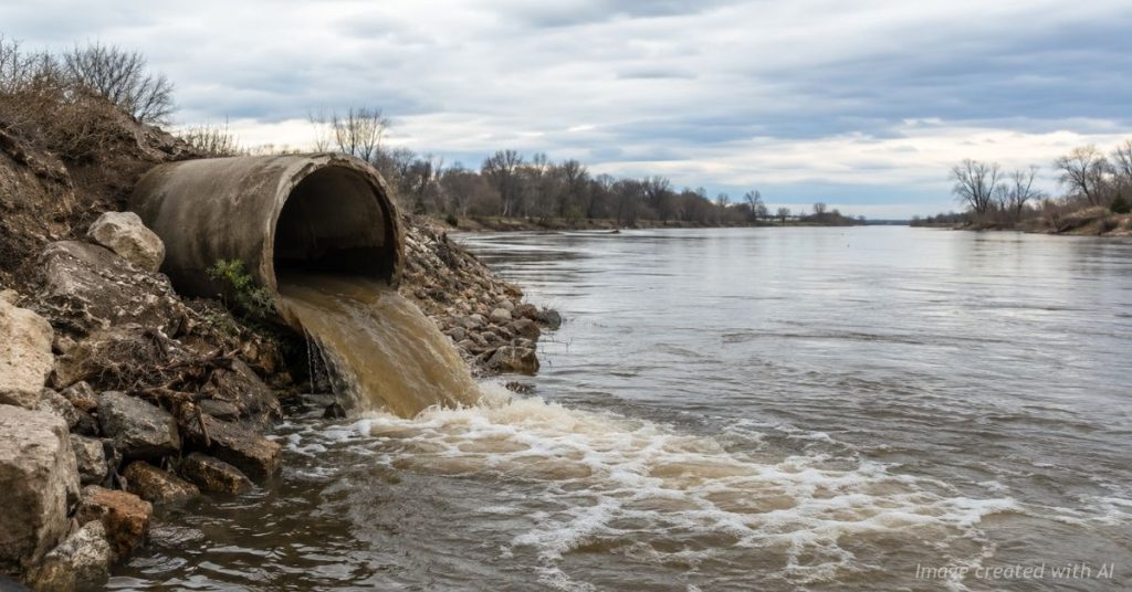 Wastewater flows from a large pipe into a river, illustrating the 4.2 million gallon sewage spill in Pueblo.