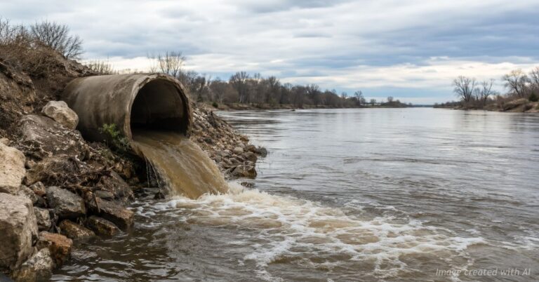 Wastewater flows from a large pipe into a river, illustrating the 4.2 million gallon sewage spill in Pueblo.