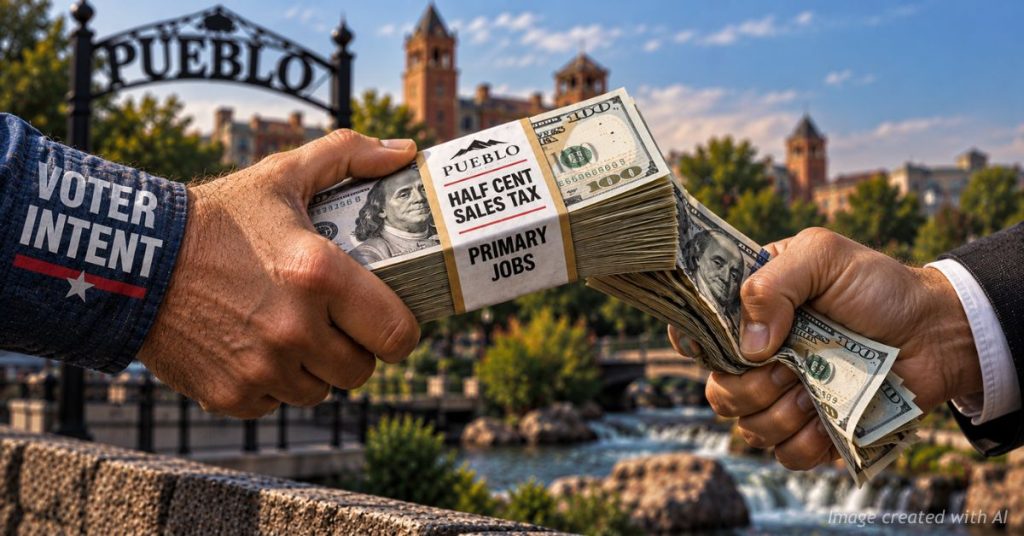 Voter Intent hand grips Pueblo Half Cent Sales Tax funds as another hand forcefully pulls money away.
