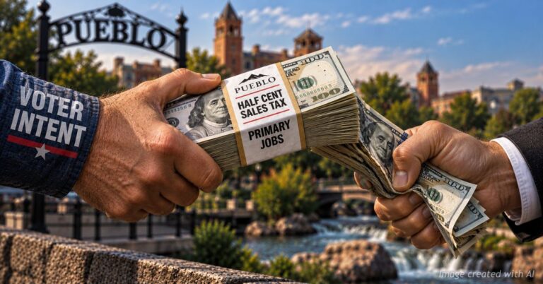 Voter Intent hand grips Pueblo Half Cent Sales Tax funds as another hand forcefully pulls money away.