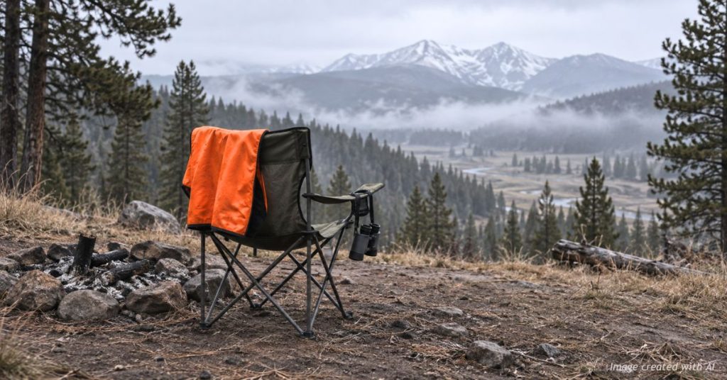 Empty camp chair with a blaze-orange hunting vest and binoculars at a cold Colorado dawn, dead fire ring nearby