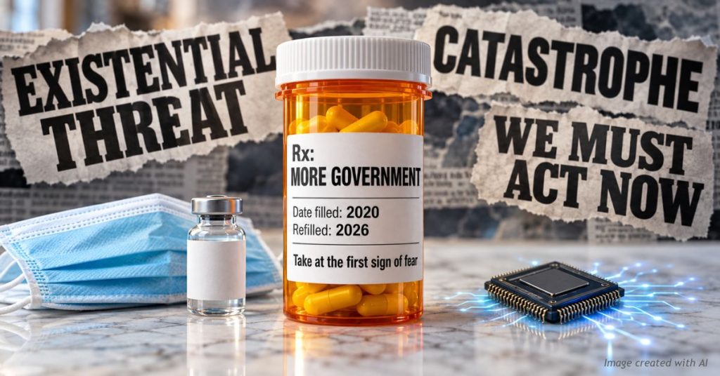 Pill bottle labeled Rx More Government, filled 2020 and refilled 2026, between a face mask and a microchip