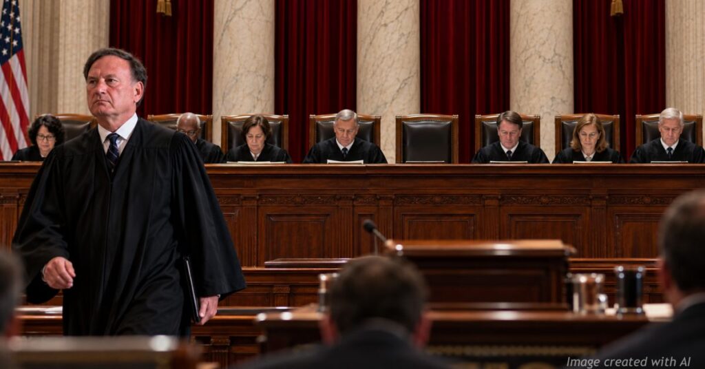 Justice Samuel Alito leaves the Supreme Court bench as eight justices remain seated and his chair stands empty.