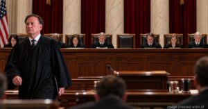 Justice Samuel Alito leaves the Supreme Court bench as eight justices remain seated and his chair stands empty.