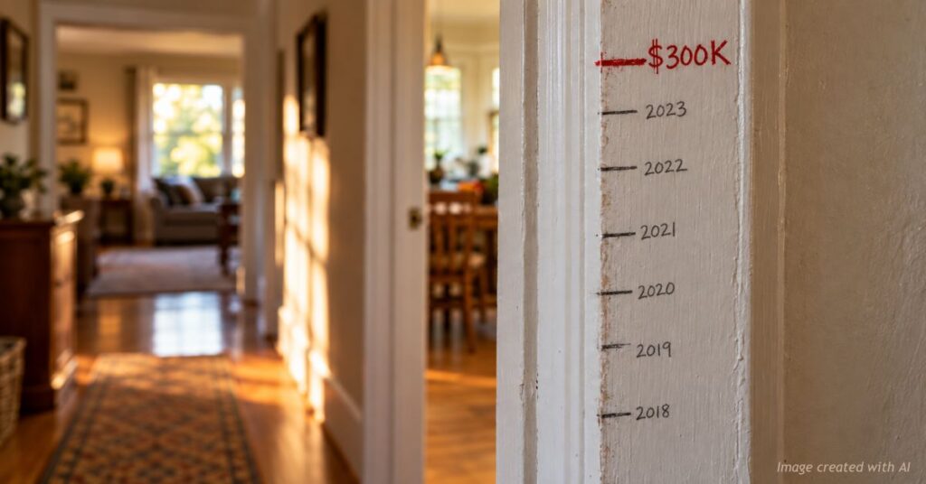 Doorframe growth chart with yearly marks climbing toward a line labeled $300K, a metaphor for Colorado bracket creep