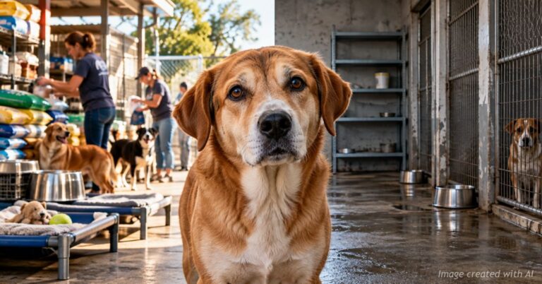 Rescue dog stands between well-supplied and struggling animal shelters in an editorial image about animal welfare.