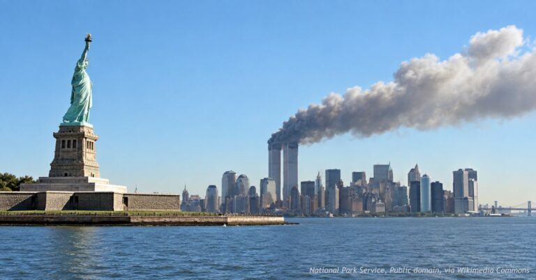 Statue of Liberty with smoke rising from the burning Twin Towers across New York Harbor on 9/11