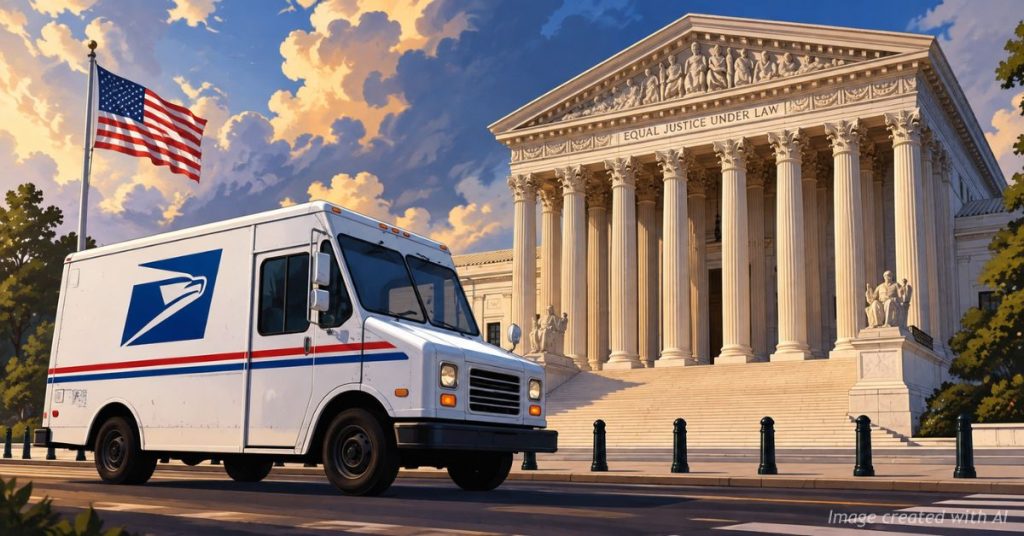 U.S. Postal Service delivery vehicle passing the Supreme Court building in Washington, D.C.