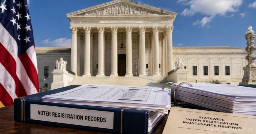 U.S. Supreme Court behind voter registration records representing a legal fight over public access to voter rolls.