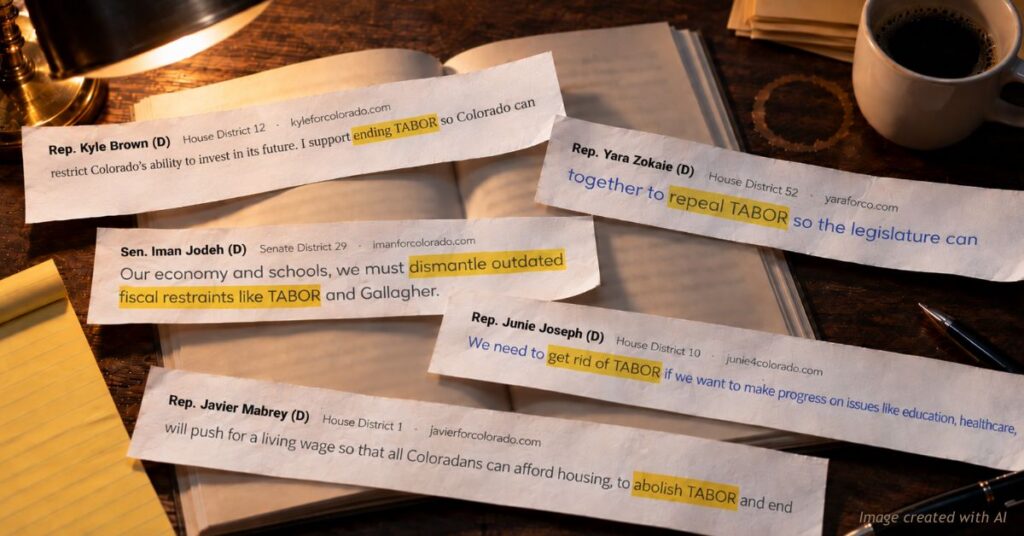 Five paper slips on a desk quote Colorado lawmakers on ending, repealing, dismantling, getting rid of and abolishing TABOR.
