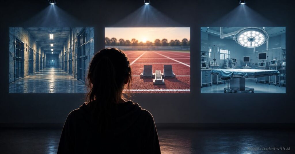 A girl in silhouette faces three lit panels showing a prison corridor, a running track and an operating room.
