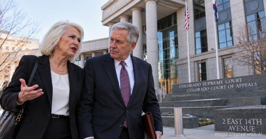Illustration of Tina Peters leaving the Colorado Supreme Court while speaking with a man outside the courthouse.