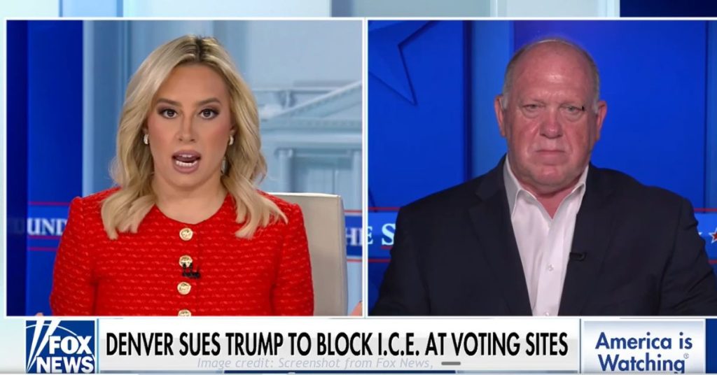 Tom Homan appears in a Fox News interview discussing Denver’s lawsuit over ICE activity at voting sites.